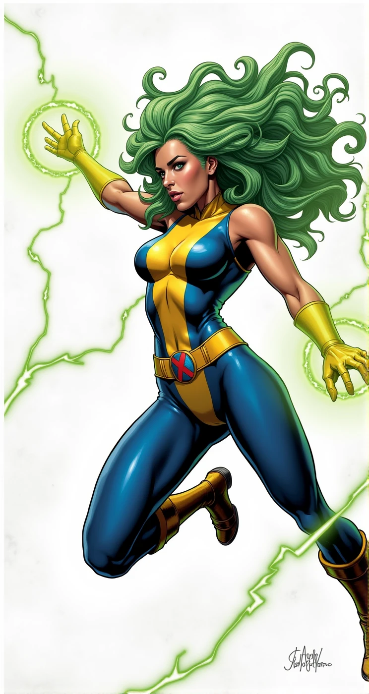 Lorna Dane, polaris x-men, (green thick wavy long hair:1.4), wearing a blue costume, with yellow xmen belt, yellow glowes, yellow boots, flying in a energetic force field, (she's using her green power:1.3), (comic style:1.4)