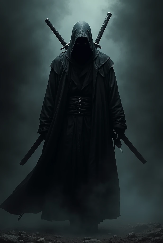 A towering black ninja, with only his eyes visible, emerges from the darkness, his two long swords crossed on his back..