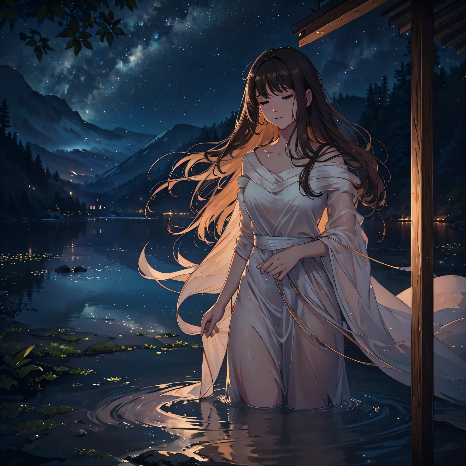 (best quality,4k,8k,highres,masterpiece:1.2),ultra-detailed,(realistic,photorealistic,photo-realistic:1.37),portrait,aquarelle painting,beautiful breathtaking girl,deep brown skin,long silky hair,flowing white silk dress,full body,nighttime landscape,luminous moonlight on her face,peaceful serene expression,beauty in simplicity,stunning atmosphere,soft dreamlike colors,subtle glowing lights,detailed foliage,calm and tranquil ambience