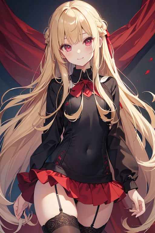((Highest quality、8hair、High resolution、masterpiece、Very detailed))、One Girl、Full body photo from the front、((Are standing))、Looking into the camera、Blonde、Red eyes、Long Hair、Big eyes、young、smile、School Swimsuit、vampire、(Black Stockings)