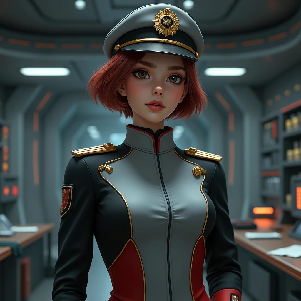 Earth Federation Forces。Lieutenant Matilda。Short reddish-brown hair。A two-tone uniform of black and light gray。(Dark Eyes)。Red Rouge。military cap。
y。(slender)。
Military ship bridge。
Beauty。Beautiful bre saluting。In the left hand is the evaluation file.。
masterpiece、Highest quality、8k、uhd、High definition、Fine skin quality。Realistic、
From the waist up
(Model shooting style), Lonely, Shir、 Extremely rich facial detail, Beautiful eyes, bright, Rusty Eyes, Stunning beauty, (Rembrandt Lighting), ARRI Lenses, surreal, (Skin with attention to detail:1.2),8k,ARRI ALEXA 35,White Promist, Dramatic Rim Light, high quality,Very delicate and beautiful, Wonderful!, In detail, masterpiece, Very detailed, High resolution,Best Shot, Best Shadow,Complex,Sharp focus, high quality, alone.cute,Beautiful Shii limbs、Flexible muscles、Beautiful Ass、Lens flare,Btiful breasts,Cool eyes,Gips,smile,Glowing Skin,Cinematography, Portrait Photography,
Earth Federation Forces。Lieutenant Matilda。Short reddish-brown hair。Black and gray two-tone uniform。Dark Eyes。Red Rouge。(Bright Grey CapにEarth Federation Forcesのエンブレム、Black brim。Bright Grey Cap。Red cuffs。Gold decoration on the collar。)
sexly。Slender。
Military sh、Command Room。
Beauty。Beautiful breasts。Is saluting。In the le is the evaluation file.。
masterpiece、Highest quality、8k、uhd、High definition、Fine skin quality。Realistic、
From the waist up
(Salute)、(Holding a file notebook under the arm)、Rin々Shii。The charm of an adult woman。salute。Wear a uniform cap。
