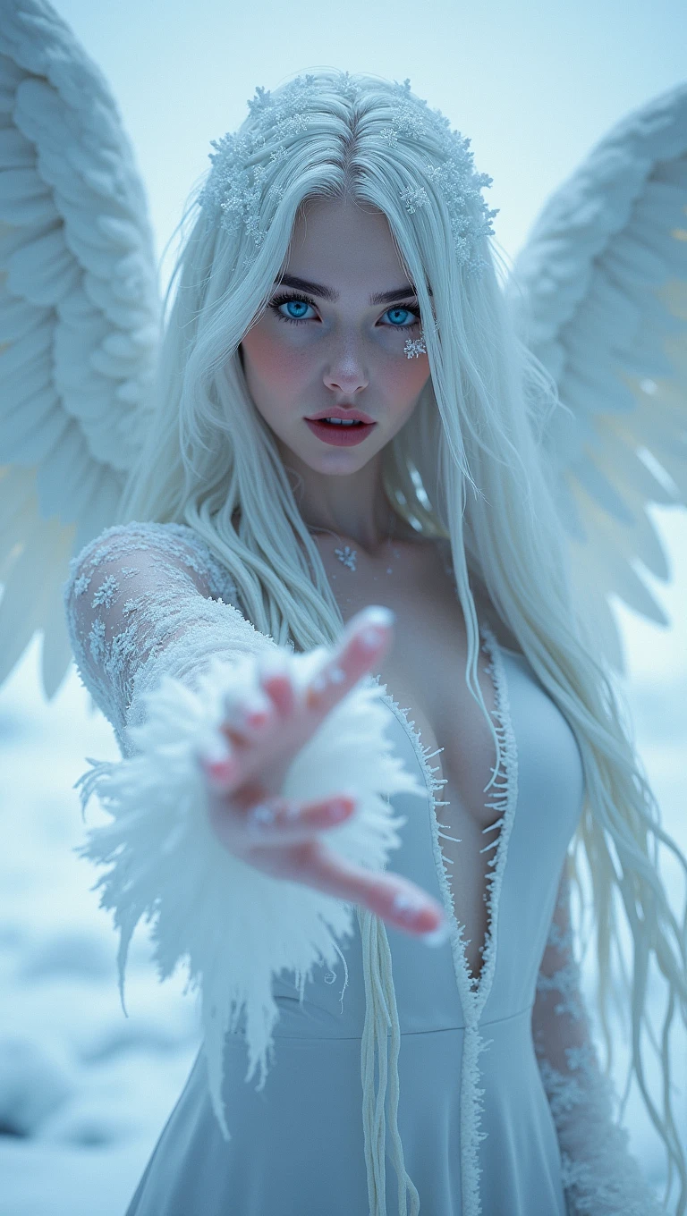 White fallen angel with blue eyes in the snow with her hand on his face, icy eyes, frozen cold stare, ice-blue-eyes, frozen tear, with ice powers, frost clings to his skin, ice blue eyes, scary sharp icy, this character has cryokinesis, amazingly epic visuals, beautiful photorealistic imagery 