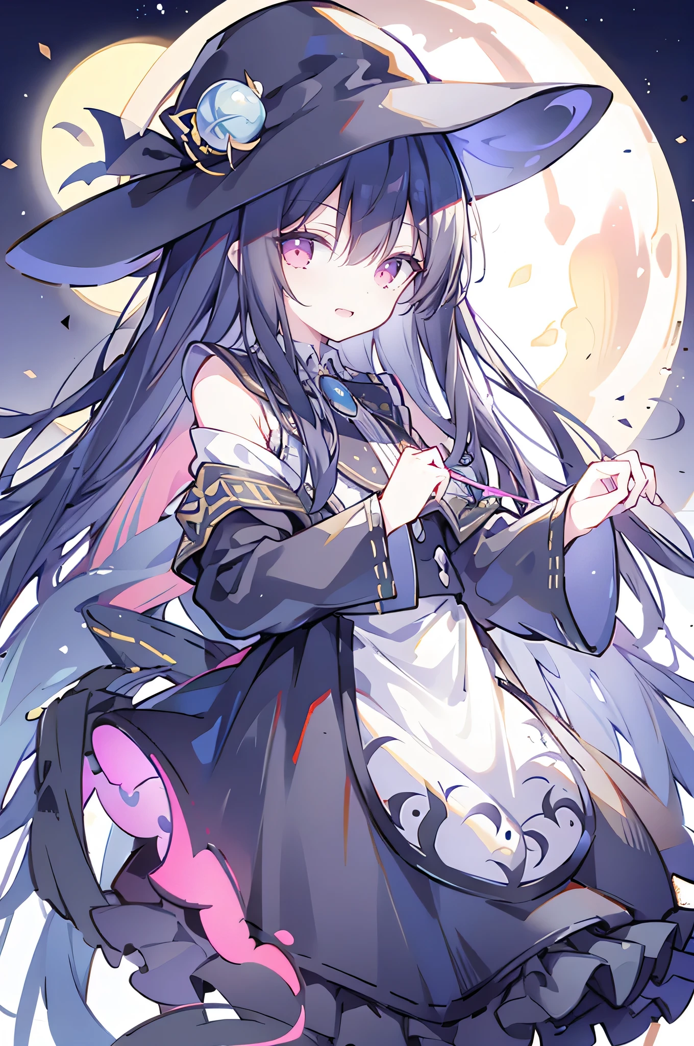 oung Girls,Humanity,A magician always smiles,big witch hat,cute,dark blue long hair,The eyes are dull,The bangs are heavy,Thin eyebrows,fantasy,intake,Double teeth,Star Theme,Constellation pattern,Solid color clothetal decoration,cloak,A bit of a dark atmosphere,A little crazy smile,When the big moon shines outside at night,blood,Hair black star embellishment,Short tie,No nails,High waist skirt,Bell sleeves,Long-sleeved shirt,Black tie,low risk,gentlemen。Mist、Yellow and white effect，Shocking pink as an accent color
