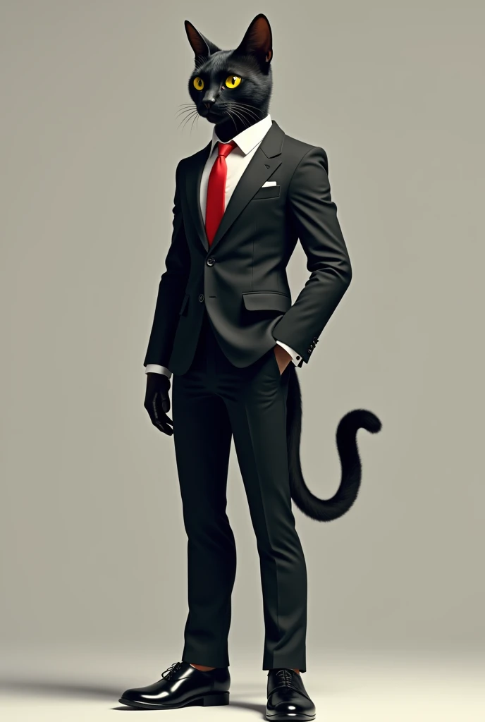Create a black cat wearing a black suit, black dress shoes, and a red tie., he will have a body like a human but being a cat, Do it in different positions