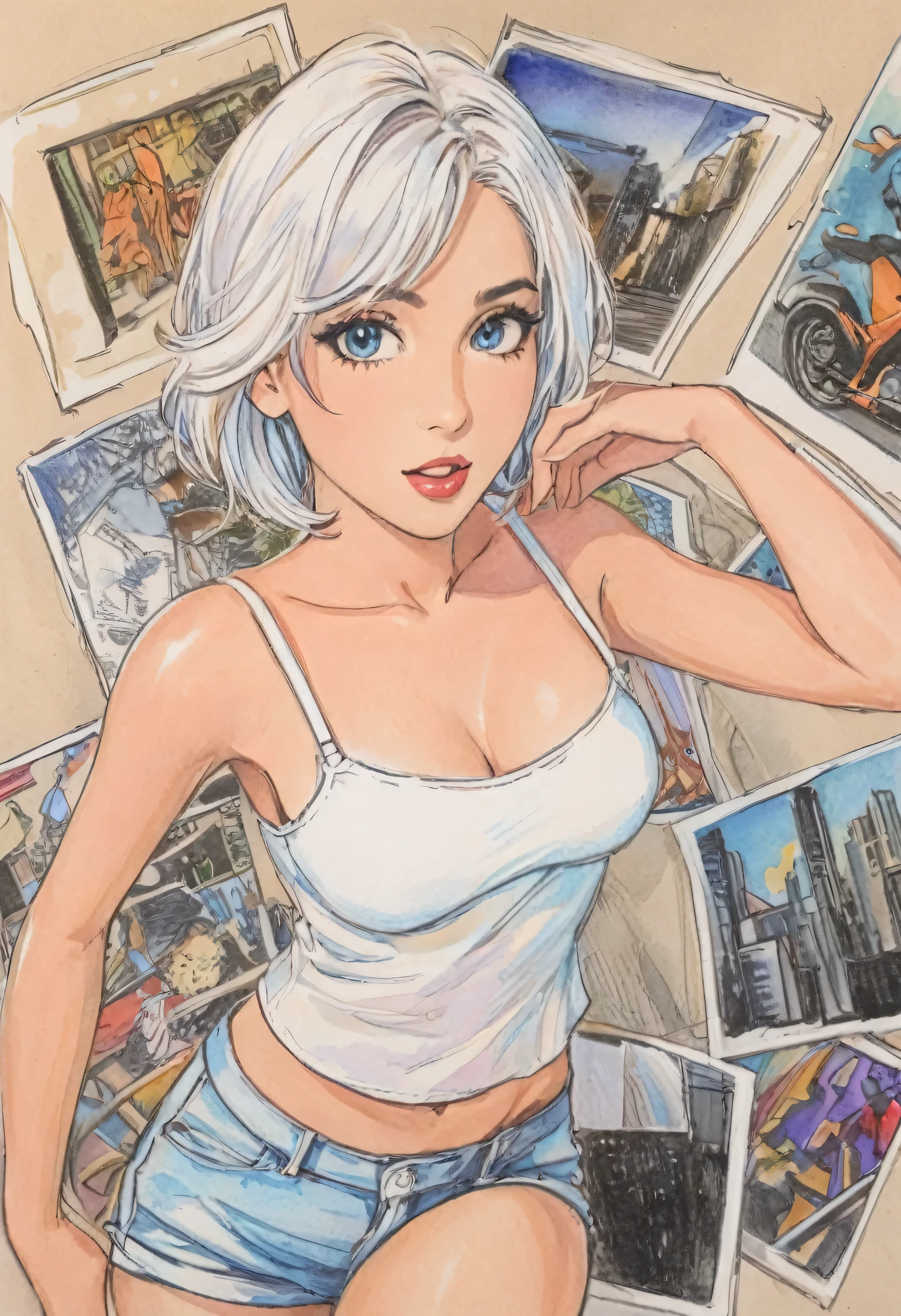 woman,Short camisole vest,White,Art,,Colored pencil sketch,sketch ,Comic Collage