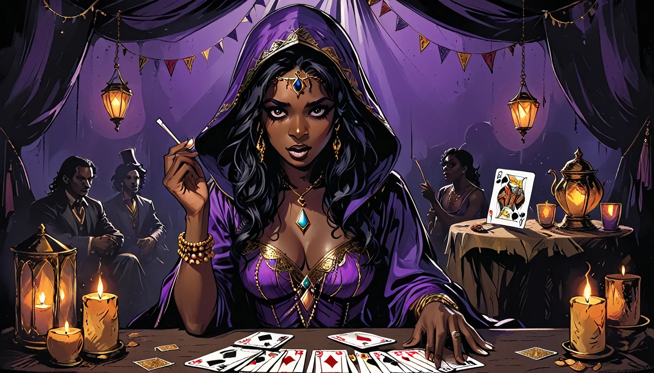 (open mouth), circus tent, Gypsy with taro cards in hand sits by the table, black long Waves hair, black eyes, Fleshy nose, Thin nude Lips, dark makeup,(jewelry), ((tiara)), ((dark violet hood)), wearing intricate violet clothes, shawl, dark skin, mole under eye, gypsy dress, dark atmosphere, deep shadow, shadow, surprised, shocked, (taro cards in hand), tarot cards, furnishings of a magic tent for fortune telling, graphic style of novel comics, perfect hands, 2d, 8k, hyperrealism, masterpiece, high resolution, best quality, ultra-detailed, super realistic, Hyperrealistic art, high-quality, ultra high res, highest detailed, lot of details, Extremely high-resolution details, incredibly lifelike, colourful,