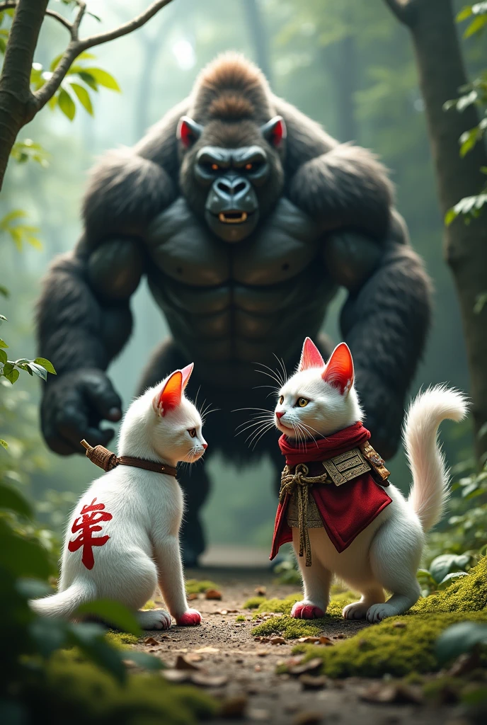 A fiercely graceful samurai ninja cat, adorned in white and red fur, exuding a mix of cuteness and warrior spirit,.. scene meeting a big gorilla