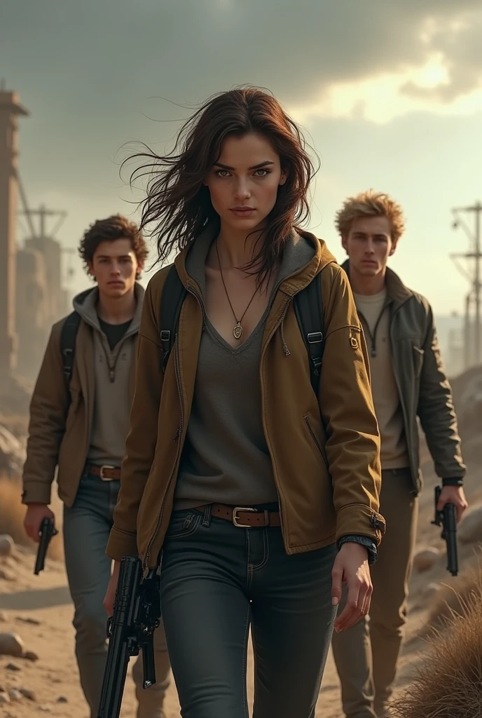 créer une jeune femme marchand déterminé cheveux brun dans le vent dans un univers apocalypyique accompagner d'un jeune homme cheveux mi long brun et d'un autre jeune homme blond