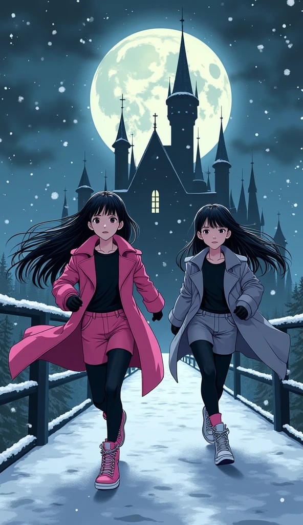 Two girls, long black hairs, yuri, Vampire Hunters.
The first girl wear a pink long coat, black shirt, pink pencil skirt, black underpants, black tights, black gloves, adidas pink sneakers high top.
The second girl wore a grey long coat, black shirt, grey pencil skirt, black underpants, black tights, black gloves, adidas grey sneakers high top.
running on the long bridge, the vampire castle, snowing, black grey sky, fantastic night sky, moon, cartoon novel, 4K, HD