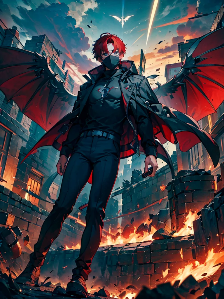 12 mechanical bladed wings、****ung man with a mask covering his face,A faint magic circle floating in the sky,The blade that cleaves the darkness,The hero who confronts the destruction of the world,Wonderful fantasy,1 boy with wine-red hair,disaster々A horde of evil monsters,The decisive battle of fate