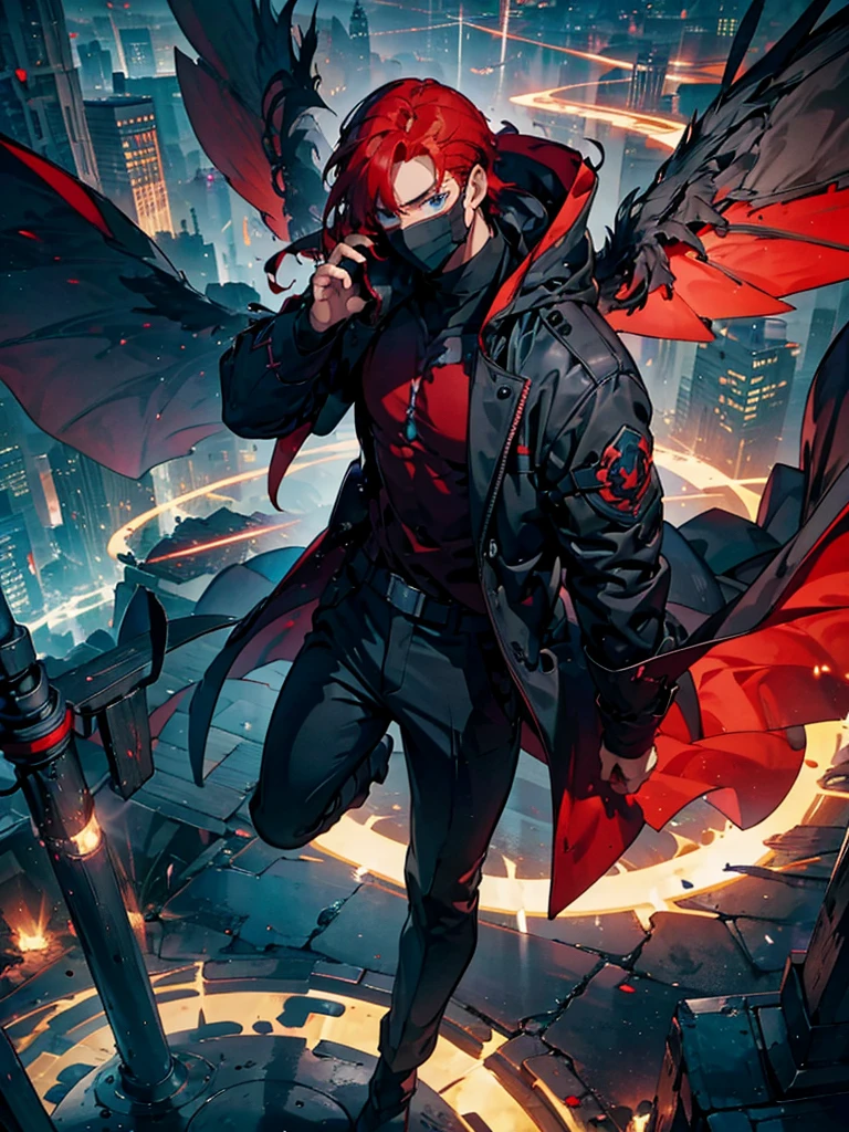 12 mechanical bladed wings、****ung man with a mask covering his face,A faint magic circle floating in the sky,The blade that cleaves the darkness,The hero who confronts the destruction of the world,Wonderful fantasy,1 boy with wine-red hair,disaster々A horde of evil monsters,The decisive battle of fate