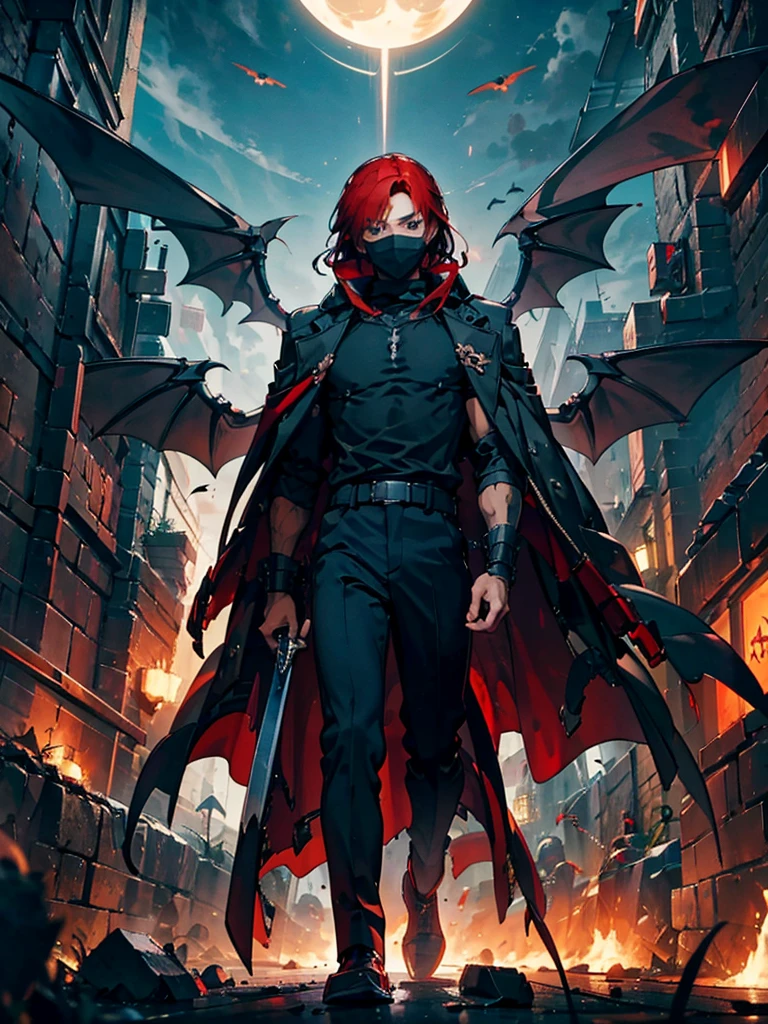 12 mechanical bladed wings、****ung man with a mask covering his face,A faint magic circle floating in the sky,The blade that cleaves the darkness,The hero who confronts the destruction of the world,Wonderful fantasy,1 boy with wine-red hair,disaster々A horde of evil monsters,The decisive battle of fate