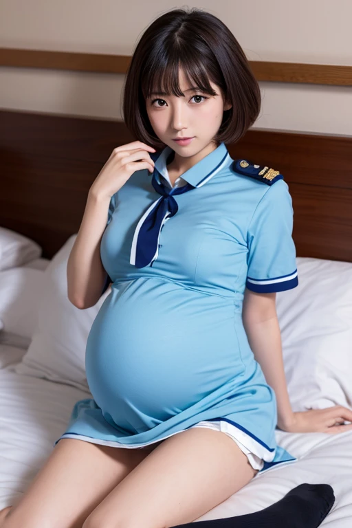 Pregnant short-haired Japanese high school girl in uniform lying in bed　Highest quality　8K small bust　Thin legs　Thin thighs　
