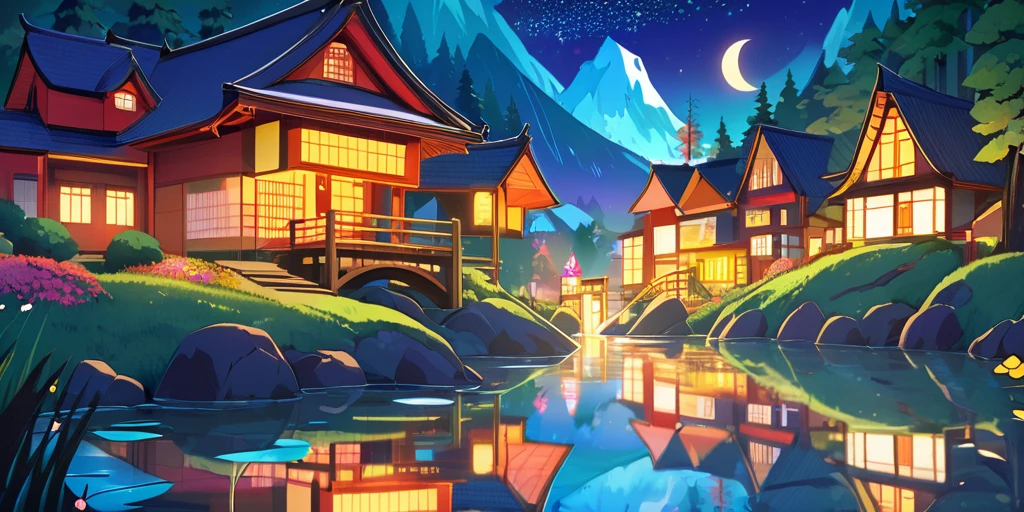 Draw a lofi anime poster style Japonais village, décoration de fée, cascade, lumière, nuit étoilée, fond de montagne , forêt, la nuit, belle palette de couleurs, couleurs saturées vibrantes, oeuvre d'art, ciel nuageux cinématographique, Aucun humain, thème bleu foncé