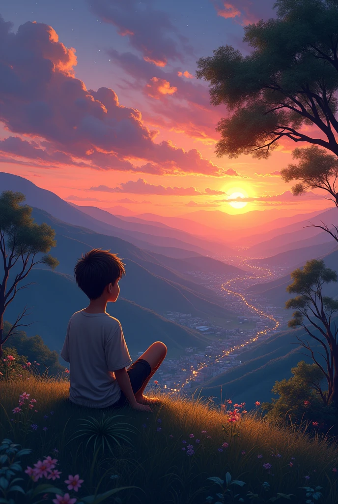 
A contemplative boy sits serenely on a hilltop, overlooking a village that glows like embers in the twilight. The village, cradled in a valley, is softly illuminated by golden lights that twinkle like stars against the approaching night. The sun dips below the horizon, painting the sky in deep, mesmerizing hues of fiery orange, magenta, and violet. The boy, dressed in simple yet timeless casual attire, gazes out with a peaceful yet introspective expression, lost in thought. The rolling hills around him are lush and gently fading into shadow, while ancient trees stand silhouetted against the dimming light. The scene is breathtakingly picturesque, a perfect blend of nature’s tranquility and the quiet beauty of rural life. The air is filled with a sense of stillness and reflection, evoking a profound mood of solitude, inspiration, and peace.