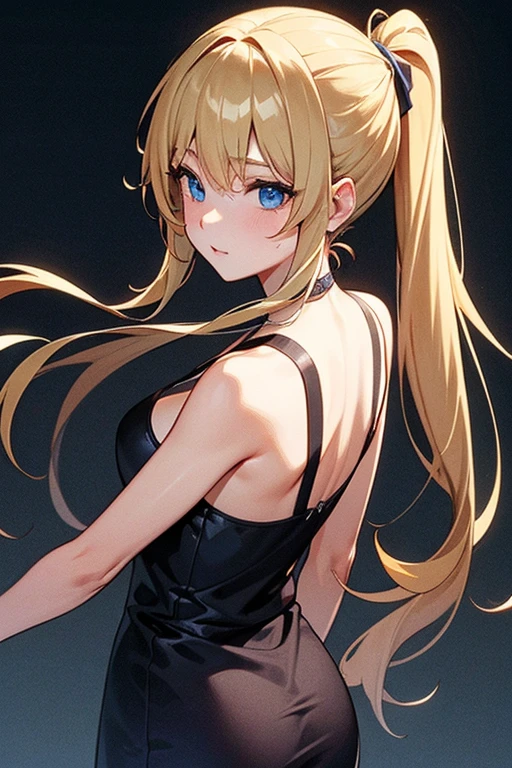 Long ponytail, blue eyes, blonde