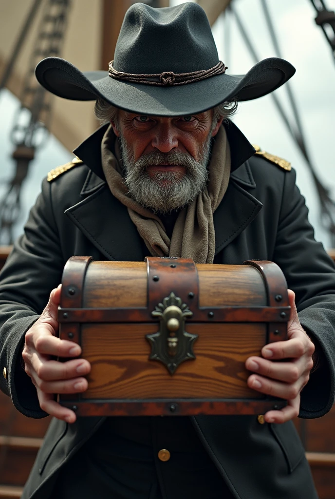 "A close-up view of a colonist in disguise, holding a tea chest on the ship's edge, ready to toss it overboard."