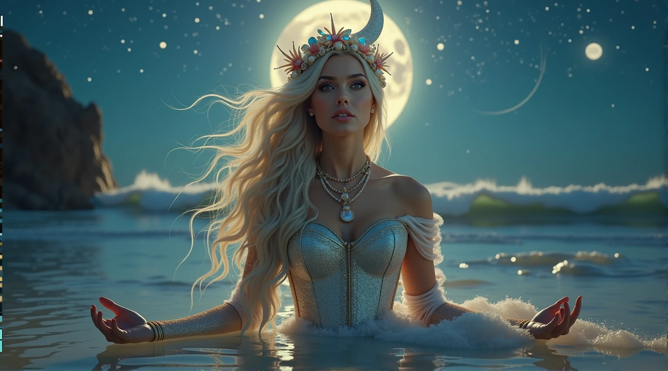 A hyperrealistic and deeply fantastical image of a woman who represents the zodiac sign of Cancer. Her hair, long and wavy, it is adorned with pearls and small seashells that reflect the moonlight. She wears a silver dress with a design reminiscent of the waves of the sea, with a corset decorated with details that imitate the claws of a crab, subtly intertwined with golden threads that shine like sand under the sun. Her makeup is mystical, with eyeshadow that recreates a nocturnal ocean, with sparkles of stars and lunar reflections, while her lips have a soft pearly sheen that evokes the reflected light in the water. In your head, a crescent moon-shaped tiara made of crystals that change color according to the light, reinforcing the connection with the moon and tides. In your hands,, with transparent gloves decorated with seaweed and bubble motifs, that extend to her elbows. The background is an ocean under the light of a bright full moon, with waves that seem to be suspended in time, shining with ethereal lights. Around the woman, The sky is full of shooting stars and constellations forming mystical patterns.. The scene is enveloped in a luminous mist that connects the sky with the sea, creating a dreamlike and magical atmosphere. Everything in the image, from the colors to the composition, it is designed to capture the aquatic essence, emotional and protective of Cancer, while the fantasy effects make the scene spectacular and unique, as if it were the work of a photographer of magical worlds. Very detailed, 8k, photorealistic, masterpiece