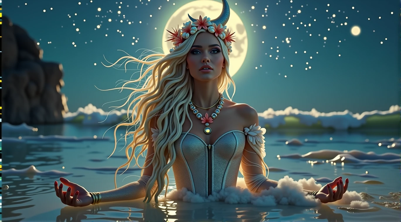 A hyperrealistic and deeply fantastical image of a woman who represents the zodiac sign of Cancer. Her hair, long and wavy, it is adorned with pearls and small seashells that reflect the moonlight. She wears a silver dress with a design reminiscent of the waves of the sea, with a corset decorated with details that imitate the claws of a crab, subtly intertwined with golden threads that shine like sand under the sun. Her makeup is mystical, with eyeshadow that recreates a nocturnal ocean, with sparkles of stars and lunar reflections, while her lips have a soft pearly sheen that evokes the reflected light in the water. In your head, a crescent moon-shaped tiara made of crystals that change color according to the light, reinforcing the connection with the moon and tides. In your hands,, with transparent gloves decorated with seaweed and bubble motifs, that extend to her elbows. The background is an ocean under the light of a bright full moon, with waves that seem to be suspended in time, shining with ethereal lights. Around the woman, The sky is full of shooting stars and constellations forming mystical patterns.. The scene is enveloped in a luminous mist that connects the sky with the sea, creating a dreamlike and magical atmosphere. Everything in the image, from the colors to the composition, it is designed to capture the aquatic essence, emotional and protective of Cancer, while the fantasy effects make the scene spectacular and unique, as if it were the work of a photographer of magical worlds. Very detailed, 8k, photorealistic, masterpiece
