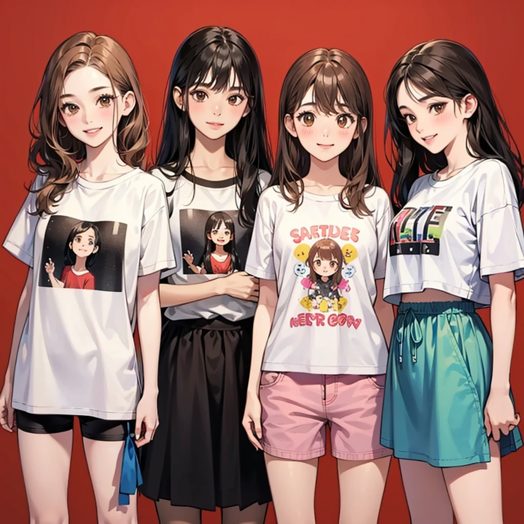 four girls, black hair, long hair, shill, Bob, smile, Still face,Light blush on the cheeks, brown eyes, simple background, high resolution, brown hair, Stand in line., Wear a t-shirt