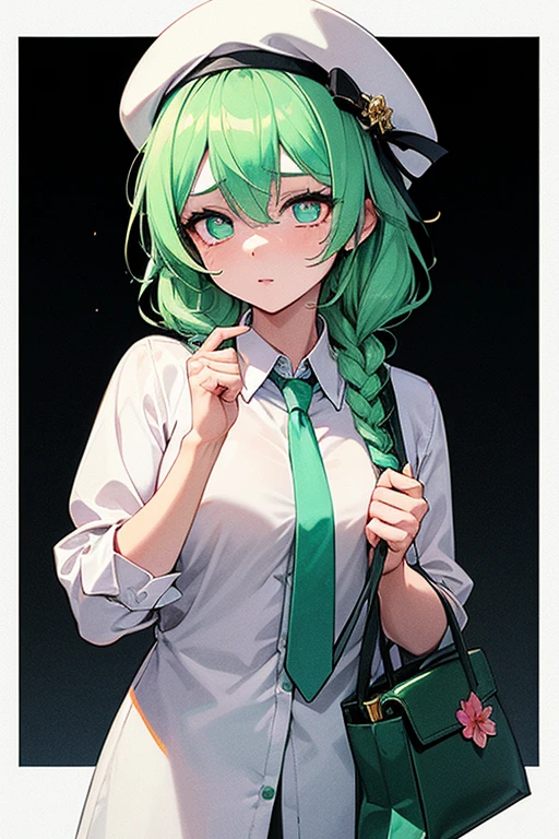 1girl, (bags under eyes:1.5), mint green hair, twin_braid, white beret, white shirt, flower necktie