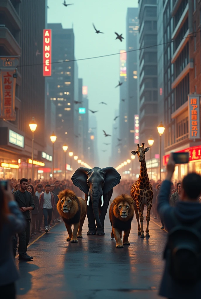 Create a stunning 8K image that captures a surreal yet realistic scene of wild animals walking through city streets. The image should depict a variety of majestic animals, such as elephants, lions, and giraffes, peacefully strolling down a bustling urban avenue. The city environment features modern architecture, streetlights, and storefronts. People are gathered around, excitedly taking pictures with their phones, their faces lit up with awe and joy. The lighting should reflect a beautiful day, with a soft glow that enhances the vibrancy of the animals and the excitement of the crowd, creating a magical and harmonious interaction between nature and urban life.