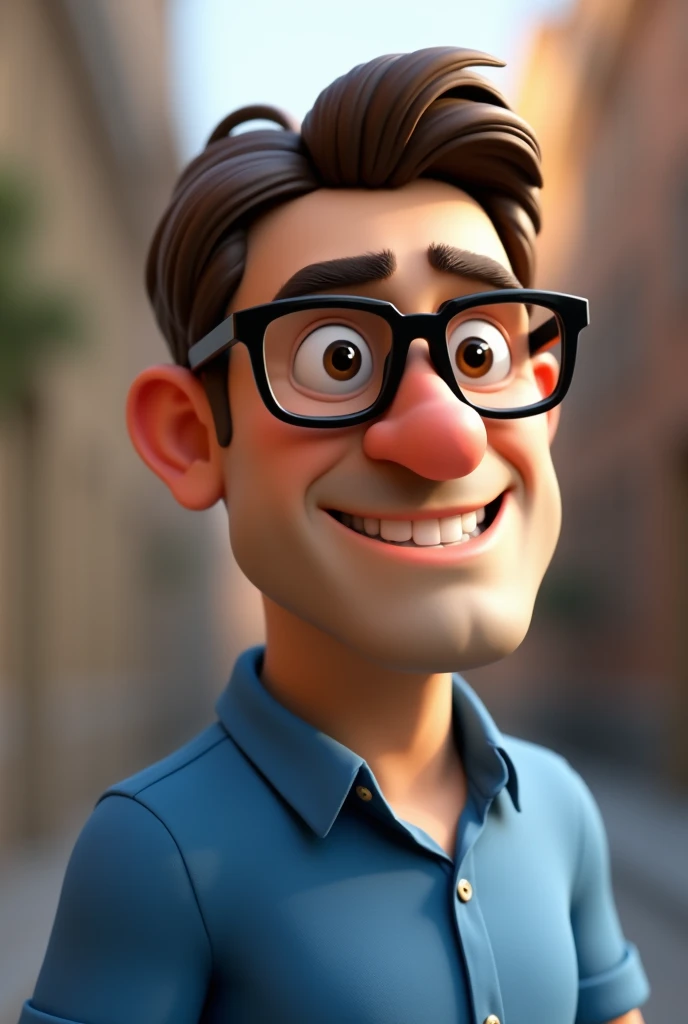 Cartoon character of a man in black glasses and blue shirt, animation character, stylized character, animation style rendering, 3d stylized, Arnold Maya rendering, Stylized 3D rendering, toon render screenshot, 3d character, 3d character, Stylized 3D rendering, 3D character rendering, cartoon character, Personagem de close up, character posing,  (Pixar-style) (master part:1.2) (bokeh) (best qualityer) (skin detailed) (detailed texture) (8k) (Argilla) (cinematic lighting) (sharp focus