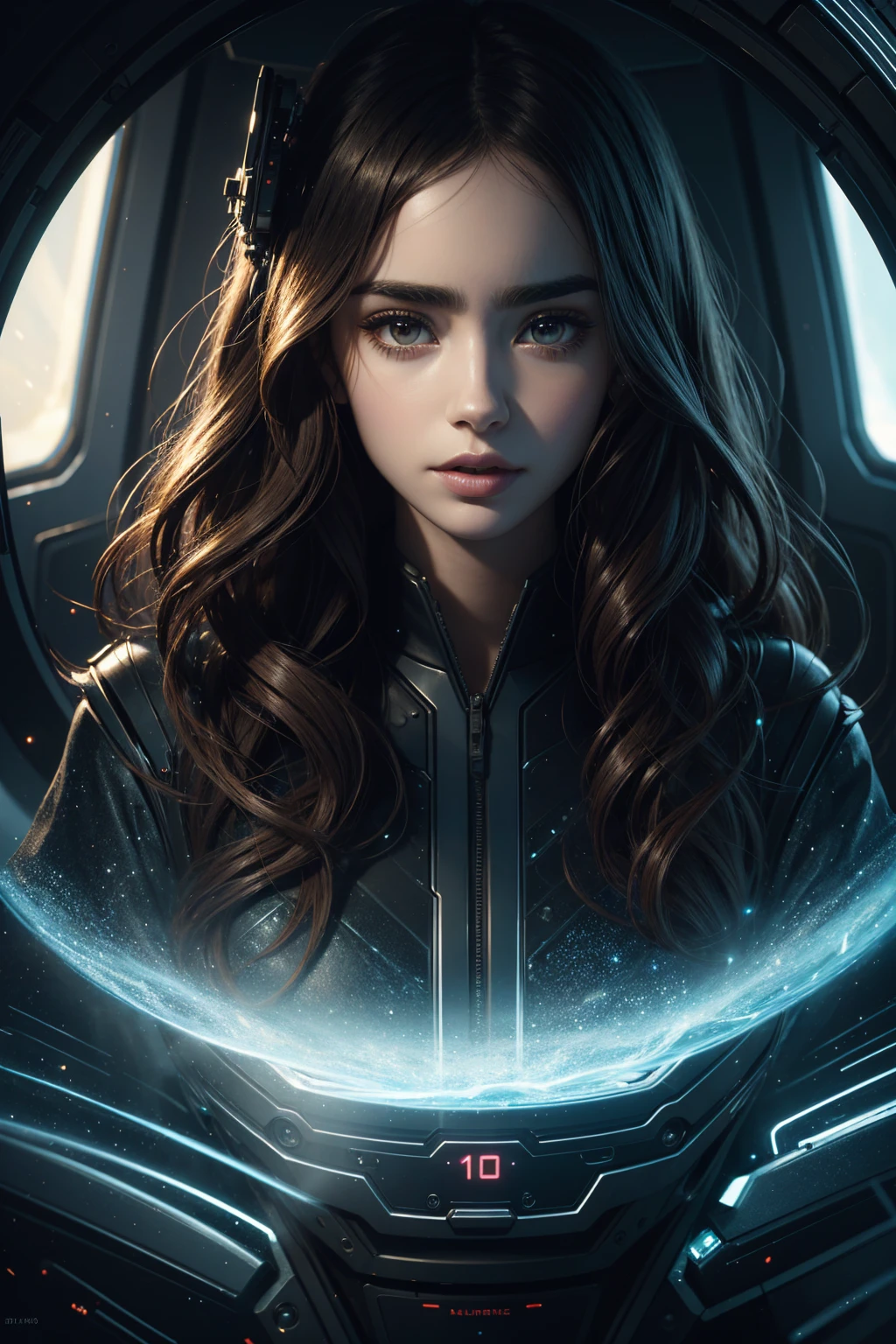 portrait Lily Collins, wearing aliens costume, against the background of a capsule on a spaceship, character portrait, 4 3 9 0 s, wavy hair, intricate, elegant, highly detailed, digital painting, artstation, concept art, smooth, sharp focus, illustration, art by wlop, charlie bowater and alexandra fomina, 36k, glittering, shining, correct anatomy