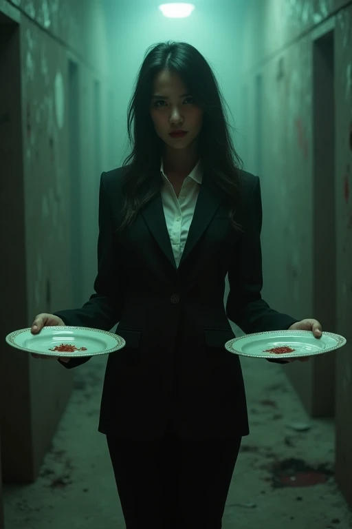 A woman in a black suit
who has two plates in his hands
In a scary and mysterious atmosphere with green and red renovation
