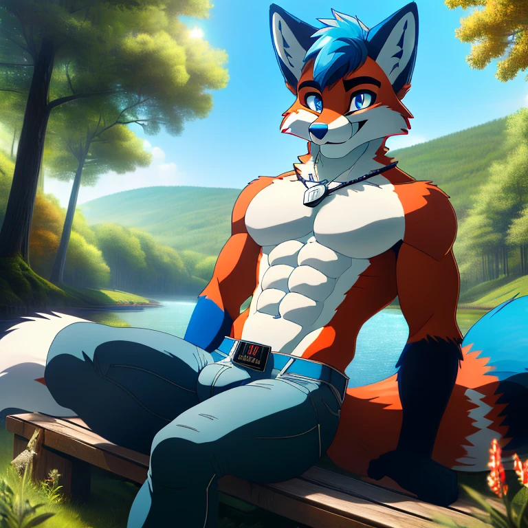 best quality, (masterpiece), (ultra detailed), (high quality), (high resolution), nj5furry, tall handsome y red fox, strong abs, army tag, white and blue hair, white and blue fluffy fox tail, orange white and blue fur, fox nose, beautiful detailed eyes, sitting, topless, black jeans, nature, male, happy, white fur, sexody, 