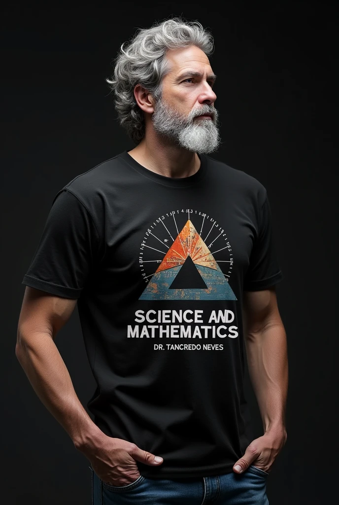 Create a shirt for a science fair, the shirt cannot be tacky, and that it has a modern style, The shirt must have the phrase "SCIENCE AND MATHEMATICS FAIR DR. Tancredo Neves", It must be black, and with an image of Pythagoras, The image must be described