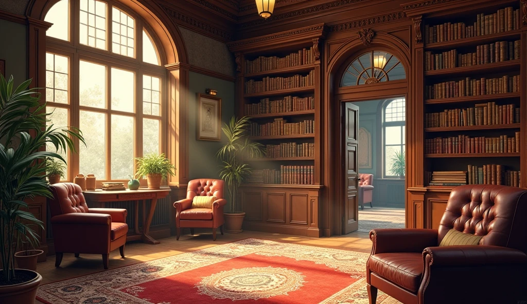 the interior of a 1920's library, daylighting, role playing, drawn with colored pencils. no people