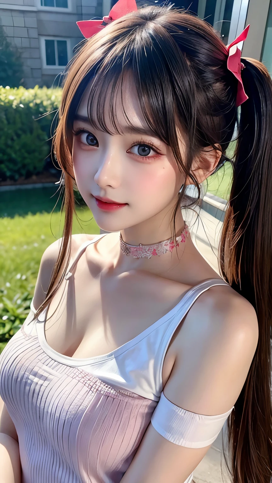 masterpiece, best quality, highly detailed, high resolution, expensive resolution, high resolution, 4K, 8k, Unity 8k wallpaper, highly detailed CG, masterpiece, 2D, 3D, beautiful details, depth, fine texture, best quality: 1.3, perfect focus, crisp skin, him, very cute, 20s girl, idol, holding a microphone and singing, short twin tails, mole under eye, looking at the viewer, expensive, blush, mole, open lips, heart shaped choker, pink eyes