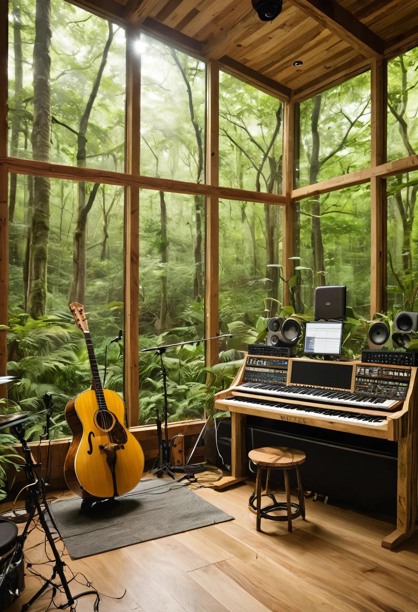 Nature-Inspired Sound Studio: An imaginative sound studio integrated within a lush forest, where natural elements blend seamlessly with music production. The walls are made of reclaimed wood and large glass windows offer views of the surrounding trees. Inside, unique instruments made from natural materials—like driftwood guitars and stone drums—are scattered throughout the space. Musicians collaborate while bird songs and rustling leaves create a serene soundscape that inspires their creative process