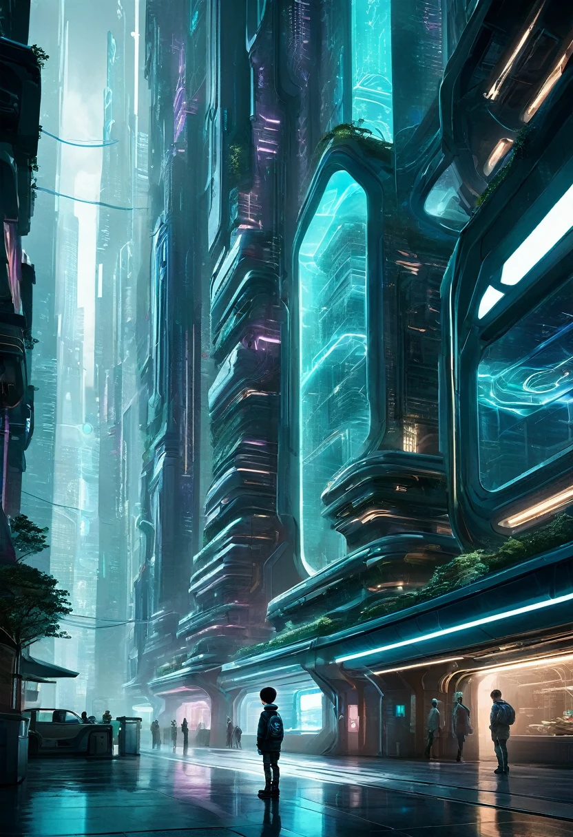 **Prompt:**
A futuristic cityscape bathed in soft, ambient light, with towering skyscrapers and advanced architecture. A boy stands in the foreground, taking in the silent yet vibrant atmosphere. The scene has a calm, almost serene vibe, with muted colors and subtle neon glows, creating a quiet, contemplative mood. The image should blend elements of futurism and minimalism, focusing on the contrast between the city's energy and the boy's peaceful solitude —ar 2:3 —q 2 —v 5.1.