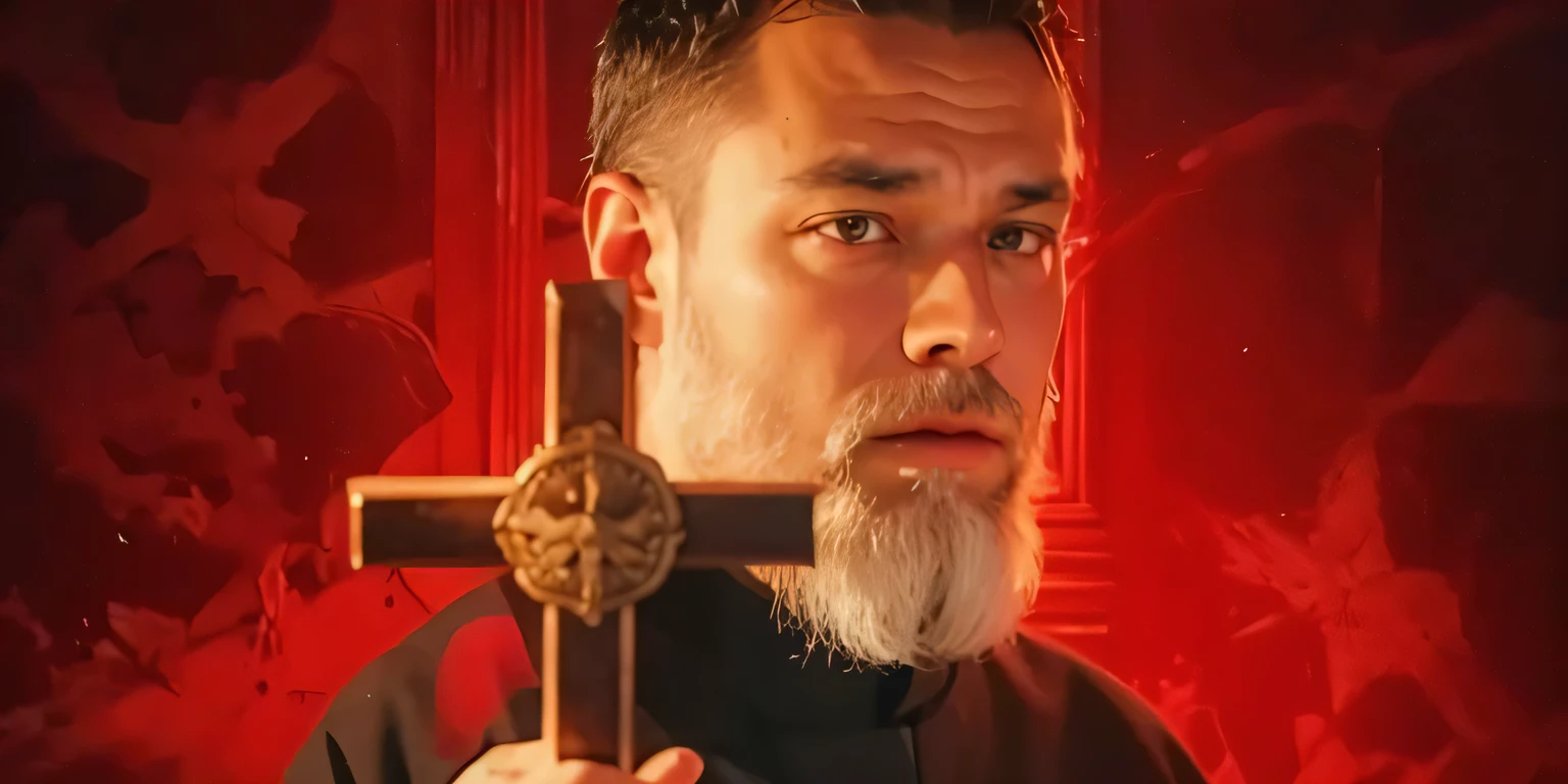 use the photo to generate an image of
Pablo Marçal, the candidate for mayor of São Paulo, dressed in a sabatina with a cross in one hand and the Bible in the other as if he were performing an exorcism on the candidate Guilherme Buolos