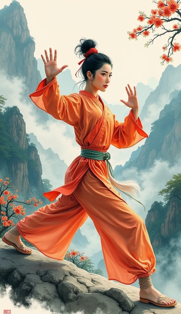 Painting of chinese woman in Kung Fu pose, background, mountains, trees, Chinese painting style, water color style
