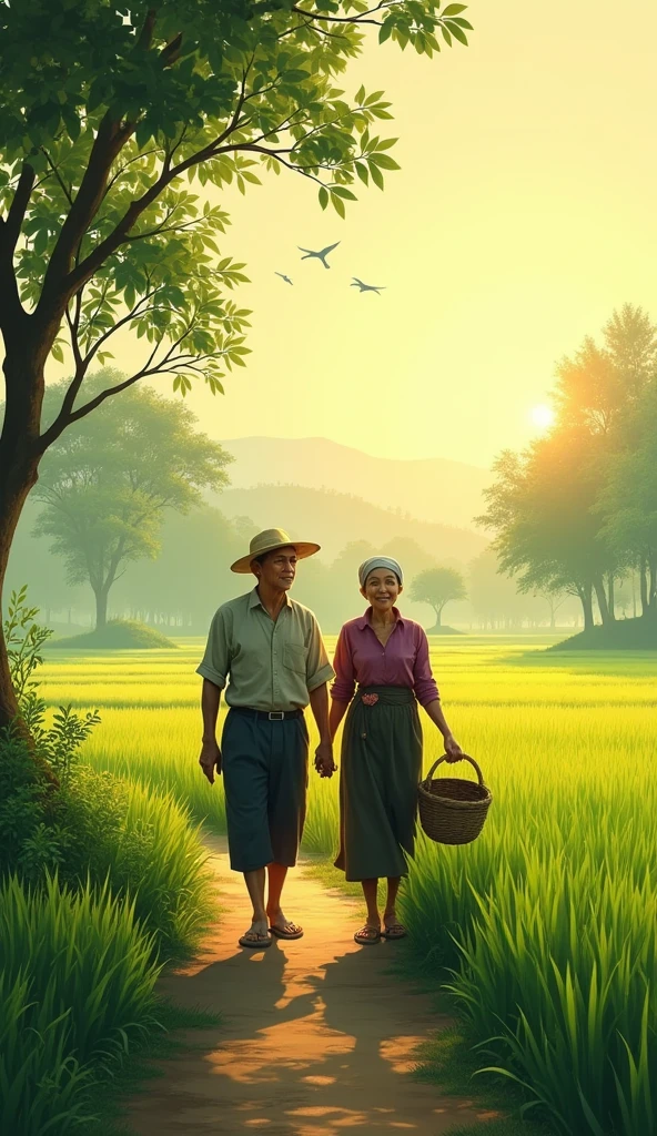 A scene of a Vietnamese farmer and his wife walking home through the rice fields, with trees in the background.