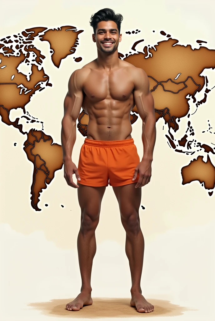 Ultra detailed  ((photorealistic young man in Roberto Ferri style,  Latino, slim toned fitness body, handsome, the most  handsome latin male model ever seendefined muscles, perfect anatomy, short black wavy hair, Roman nose, thin lips, square chin, diamond shaped face, barefoot, shirtless, wearing orange shorts, standing smiling starting to the model 5 0 0 px, Nikon d 8 5 0 camera, ) (watercolors soft neutral colors  background, ultra intrincate detailed comercial routs mapa mundi) evokes masculine hard work and confident