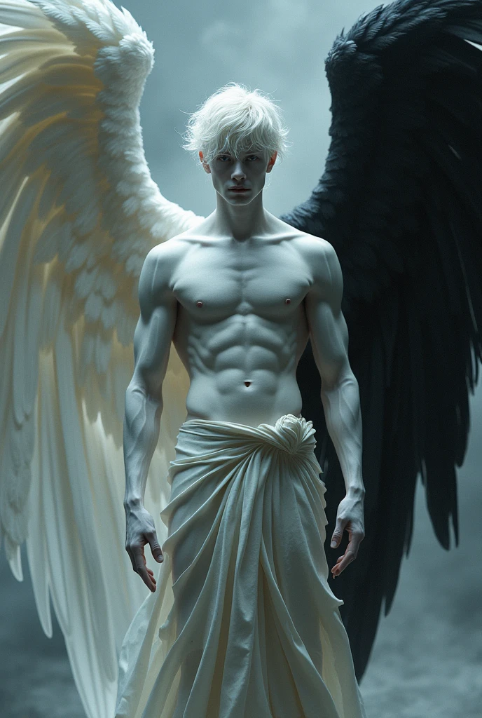 Imagine an albino man, extremely pale skin, almost translucent, Platinum white hair, He has wings, one white and the other black, He has defined muscles , he has a beautiful and well-defined face