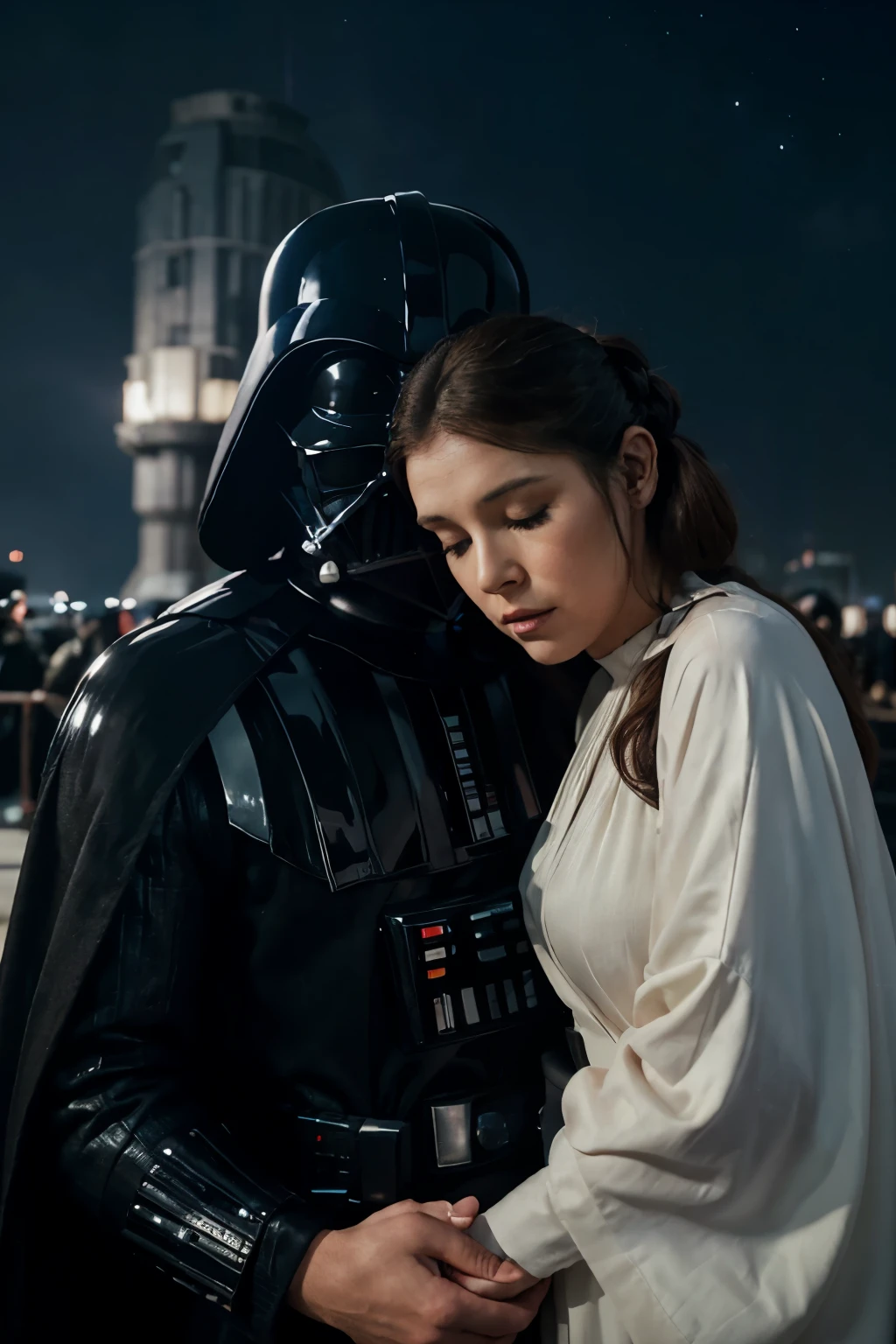 photo realistic wide shot of Darth Vader lovingly holding Princess Leia and comforting her with her eyes closed and her lips parted with an intense expression. Night sky with the Death Star in the background.