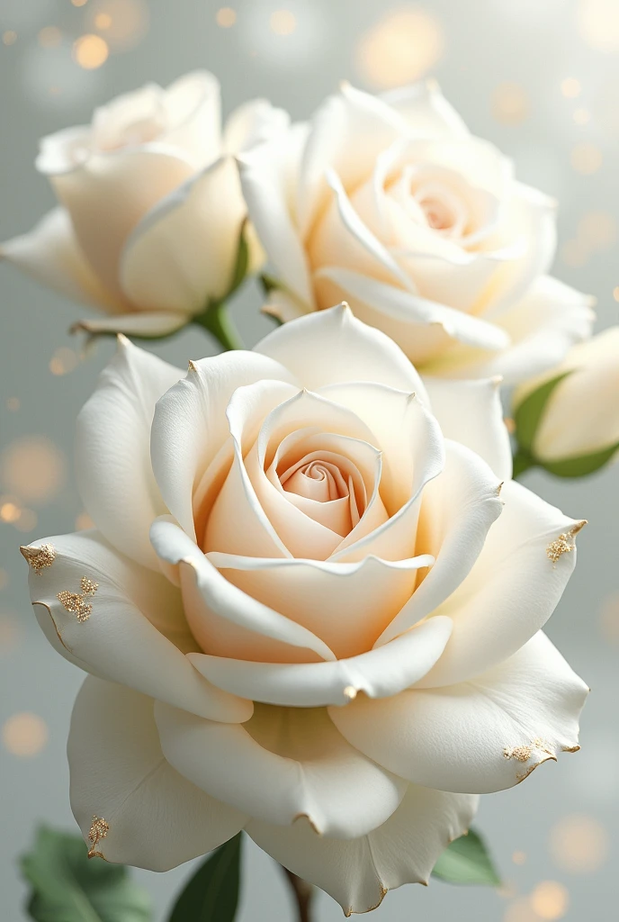 High definition，work of art，Official artistic aesthetic, white roses, 3D metallic gold leaf, Background transparent.