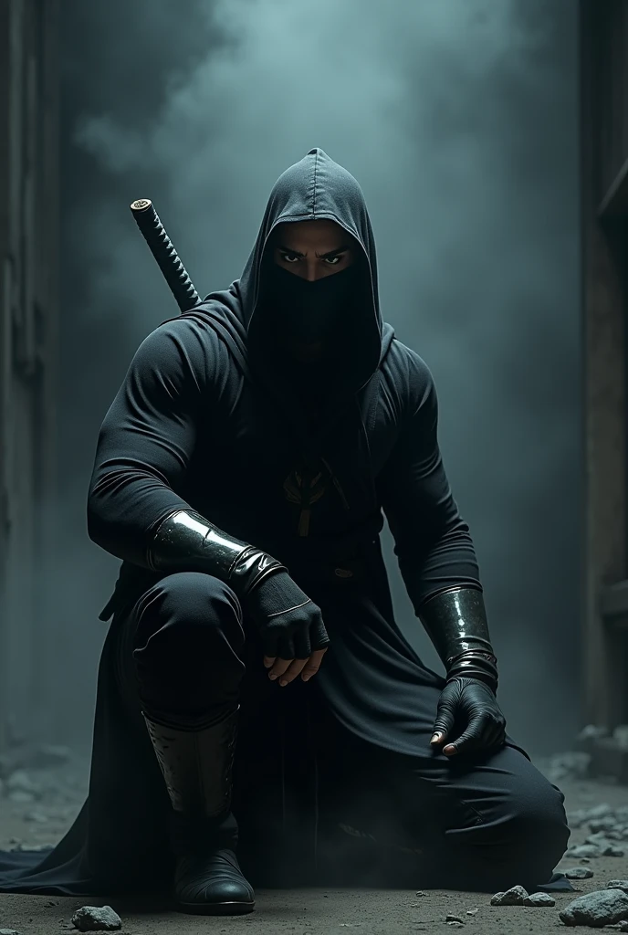 A towering black ninja kneeling, with only his eyes visible emerging from the darkness with his two long swords crossed on his back.