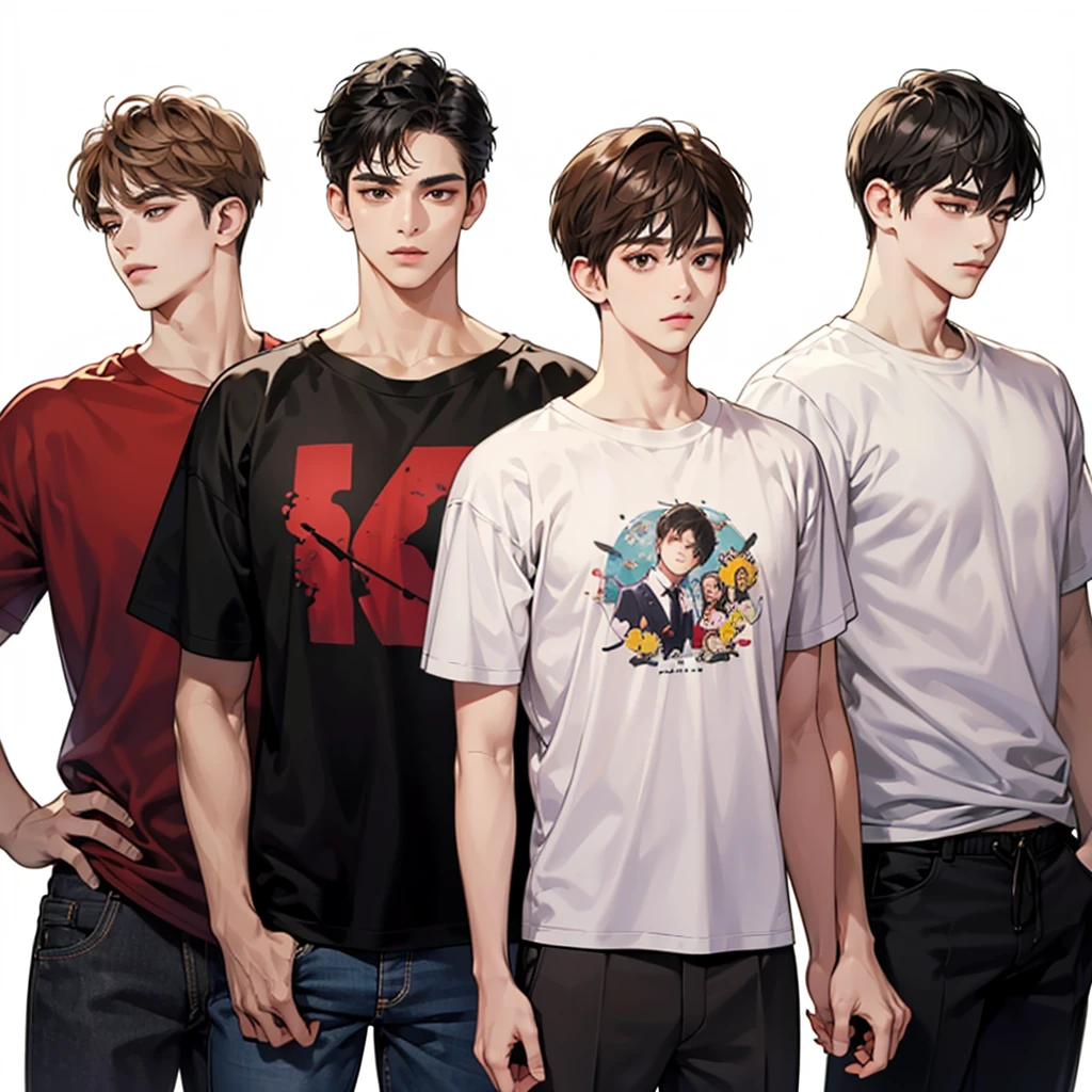 Four boys, black hair, brown eyes, simple background, high resolution, brown hair, stand in a line.., Wear a t-shirt, shut your mouth, handsome, cool,มองตรง