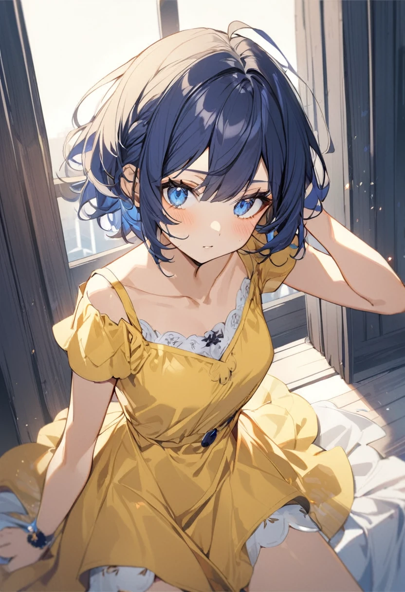 1 girl, short messy hair, dark blue hair, blue eyes, yellow dress