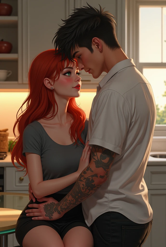 Background of an elegant kitchen with neutral colors and warm lights, girl with a gray shirt and a black skirt, redhead, green eyes, parts, she is blushing, she is sitting at a glass table, a black haired boy, well-built, grey eyes, tattoos on arms, wearing a white shirt and pants, he grabs her waist and they are inches apart, With a smile on her lips.