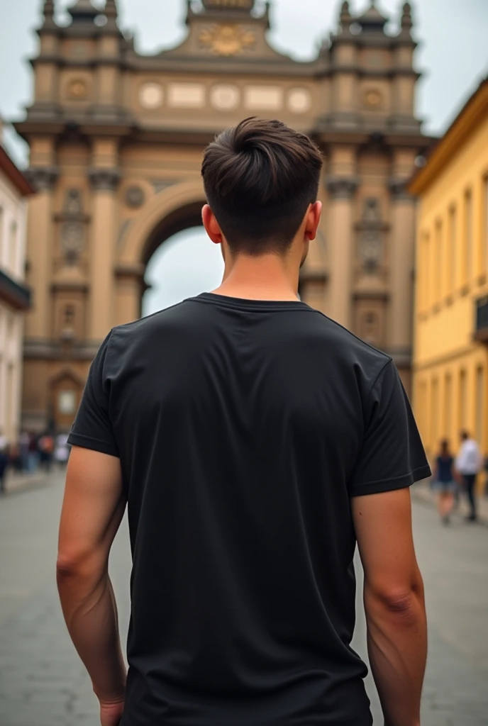 Young man with a black t-shirt, back to the camera, at the Puerta del Sol in Cuenca