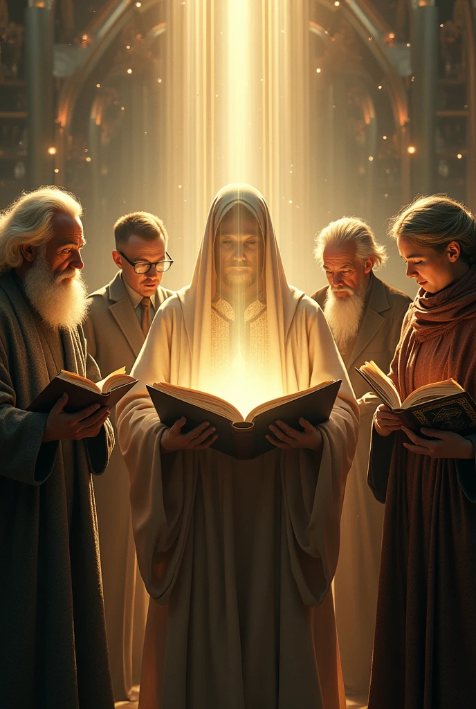  In the center, a symbolic figure holds an open book emitting radiant light. Surrounding this figure are historical icons like Isaac Newton, Albert Einstein, Marie Curie, Leonardo da Vinci, and Ada Lovelace, each reading or engaging with their respective fields’ books. Light beams connect their books to the central book, symbolizing the flow of knowledge. The background blends historical and modern elements, showcasing how their insights have shaped the world.