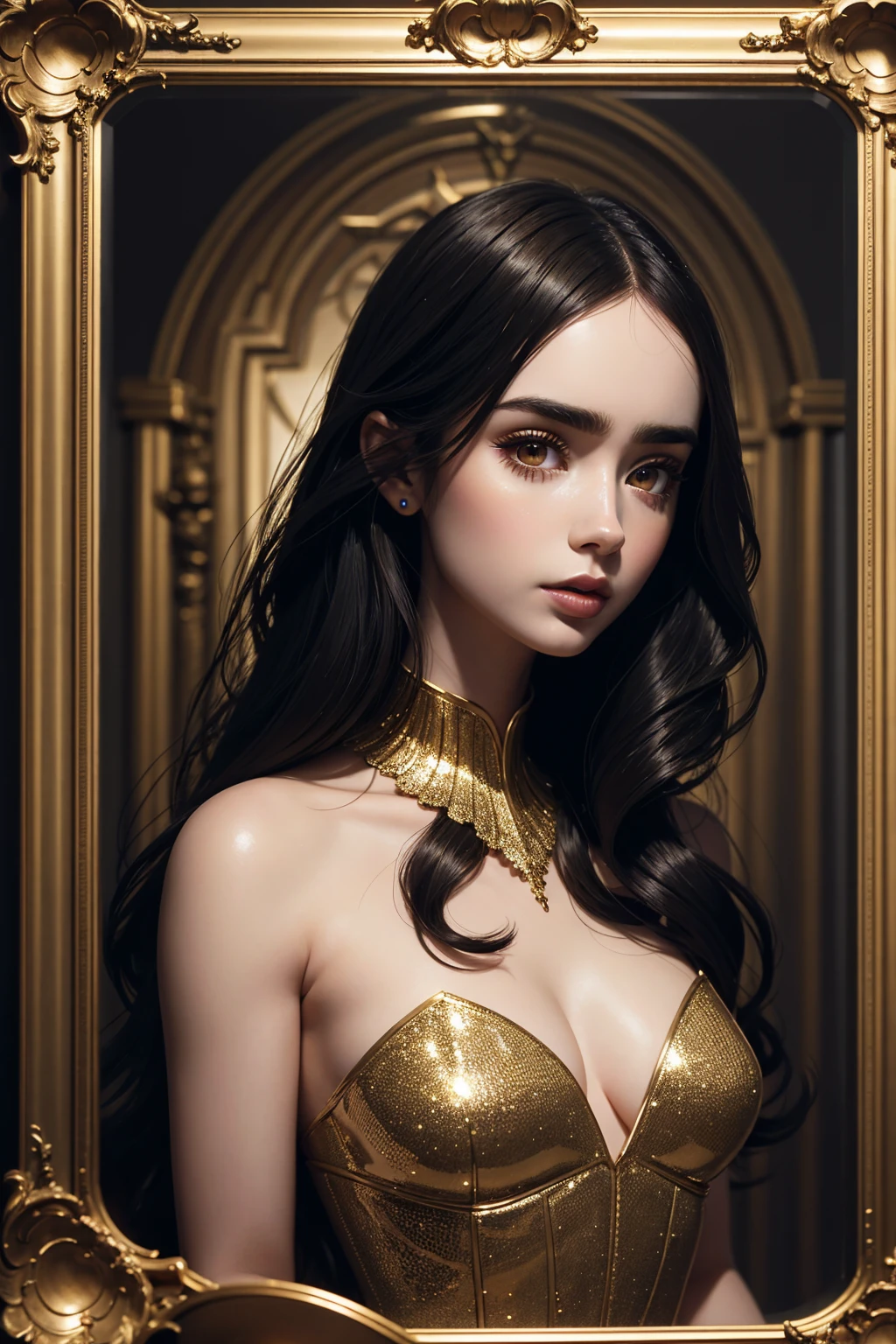 portrait Lily Collins, wearing rubber doll costume, against the background of a mirror, character portrait, 4 3 9 0 s, wavy hair, intricate, elegant, highly detailed, digital painting, artstation, concept art, smooth, sharp focus, illustration, art by wlop, charlie bowater and alexandra fomina, 36k, glittering, shining, correct anatomy