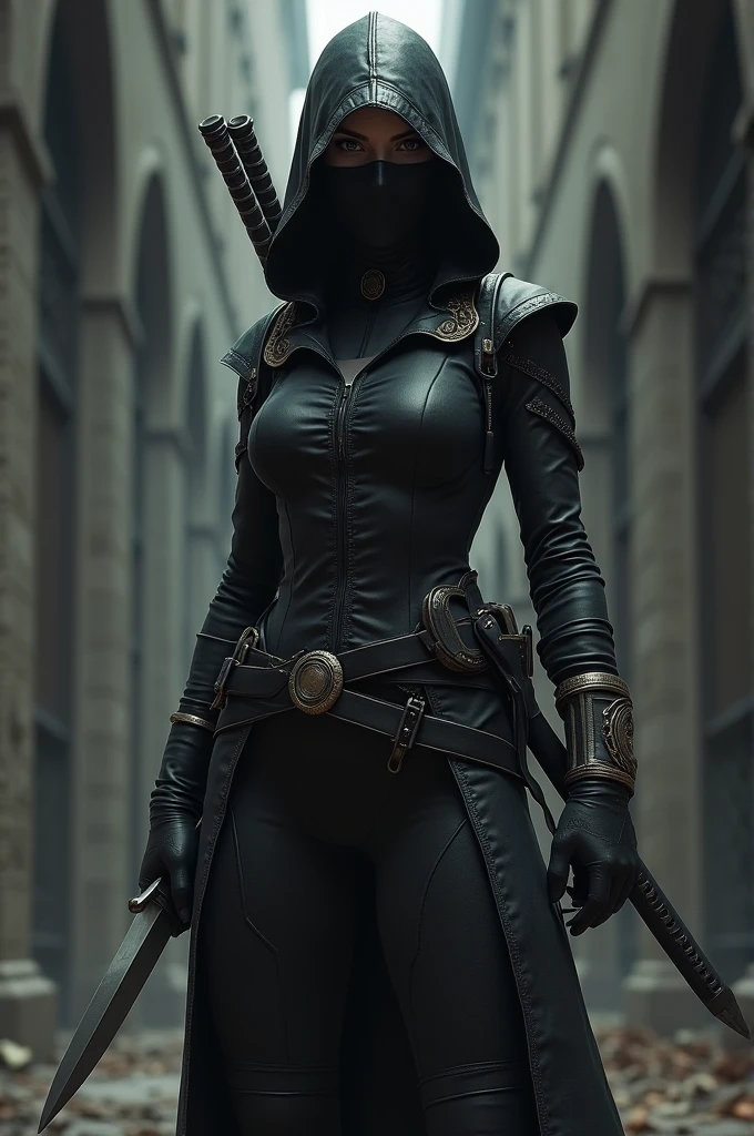 A lady standing in an assassin costume wearing a mask on her face. With knives on both of her hands and swords carried on her back. 